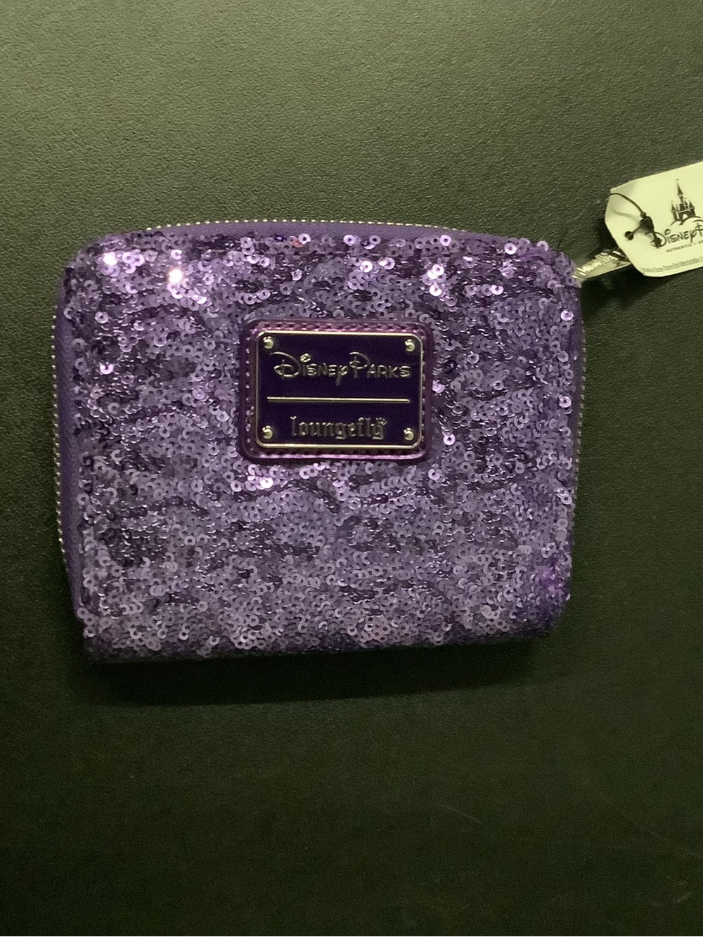 Loungefly Purple Sequin Zip Wallet with Disney Parks Plaque